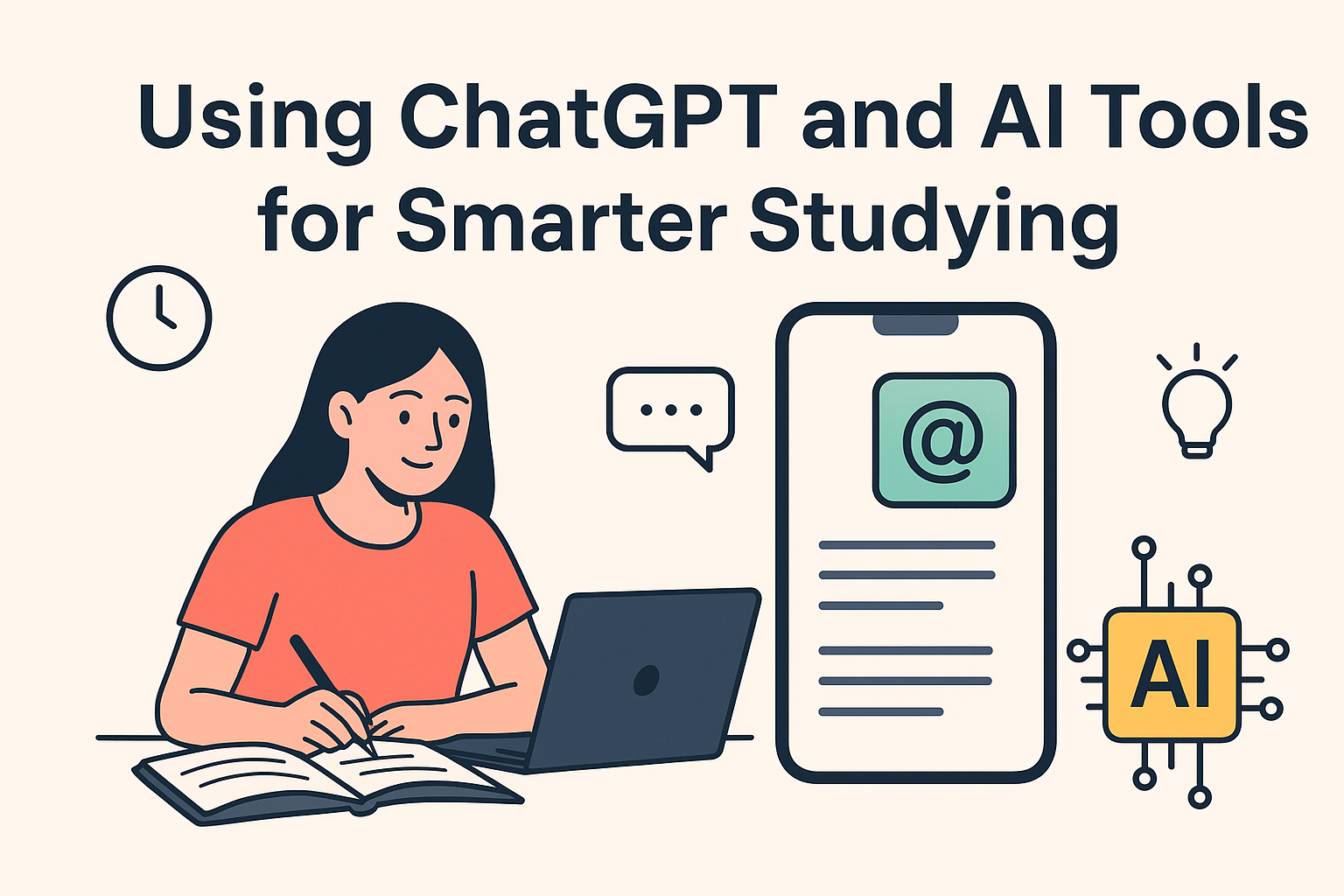 Student studying with ChatGPT and AI tools on laptop and phone illustration