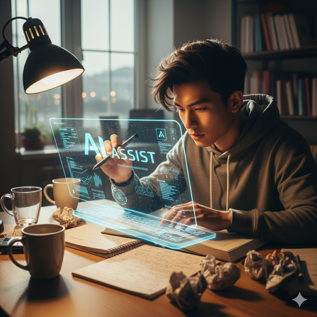 An 18-year-old student using a laptop with AI tools to study at a desk during the day.