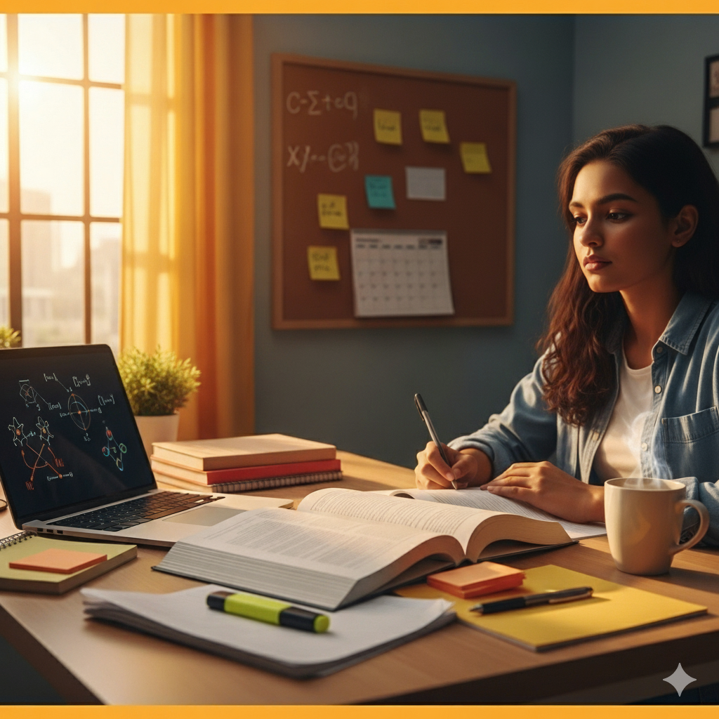 Student studying and solving exam paper – JEE & NEET preparation routine